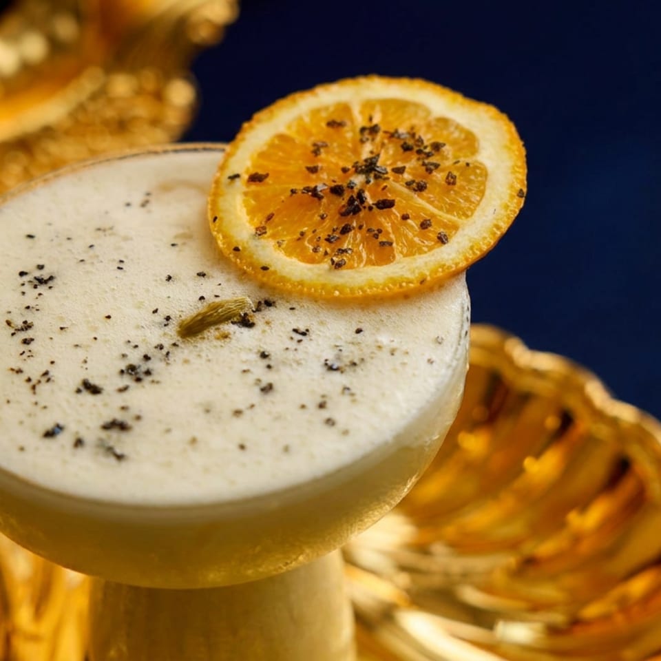 Foamy golden cocktail garnished with a dried orange slice and black spices, served in a coupe glass on an ornate gold tray.