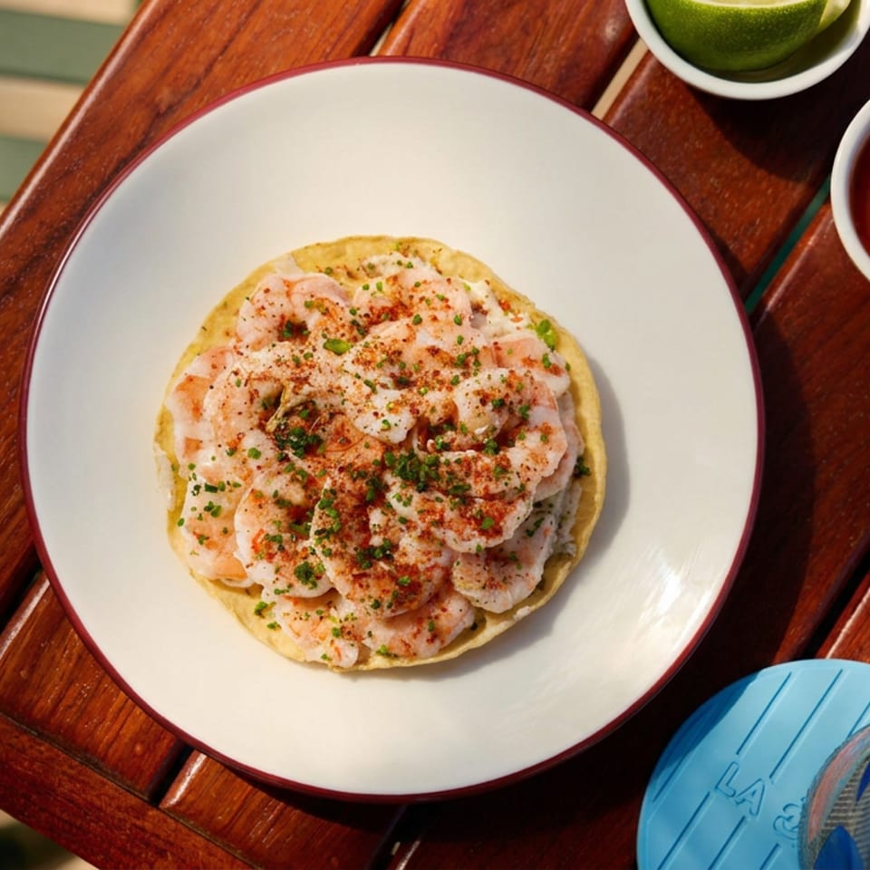 Overhead view of shrimp-topped tostada garnished with herbs and paprika, served with red and green sauces on a wooden table.