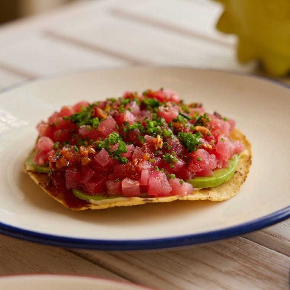 Tostada topped with avocado, diced raw tuna, chopped herbs, and chili seasoning on a blue-rimmed plate.