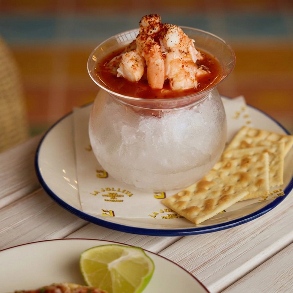Shrimp cocktail with red sauce sits over ice in a glass bowl, accompanied by crackers and a lime wedge on a rustic table.