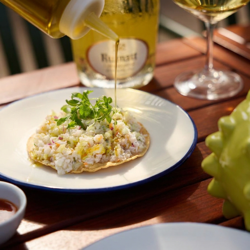 Seafood tostada topped with herbs on a blue-rimmed plate, with sauce, wine, and a green tropical fruit on a wooden table.